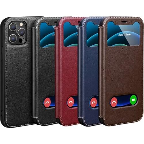 Shockproof Front Window View Genuine Leather Phone Case For iPhone 12 Pro Max 12 Mini Flip Case Luxury Cowhide Full Cover Funda