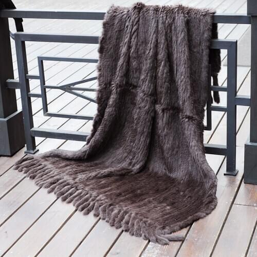 CX-D-20E Europe Fashion Knit Rabbit Fur Rugs Dyed Rabbit Fur Blanket with Fringes