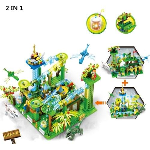 With Lights Music Marble Race Run Electric Funnel Slide Track Small Building Blocks Bricks Jurassiced Dinosaur Park Kids Toys