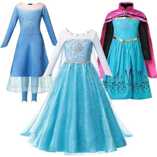 Girls Elsa Blue Dresses Kids Princess Coronation Clothing Baby Girl Cartoon Role Playing Game Costumes Carnival Performance Sets