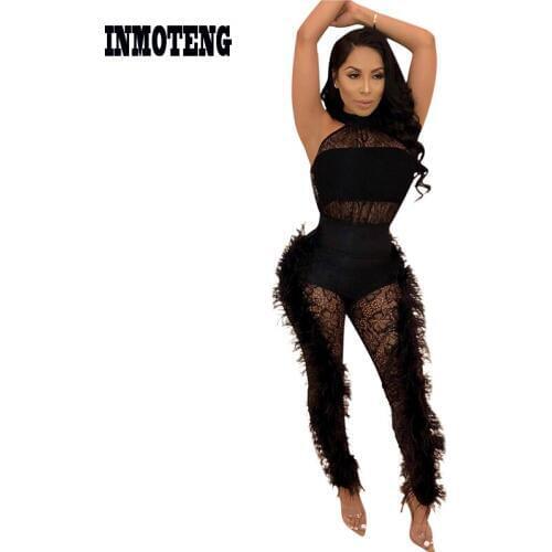 INMOTENG Feathers Floral Sheer Lace Halter Jumpsuit Sleeveless Skinny Romper Night Club Party Overalls Women Fashion Outfits