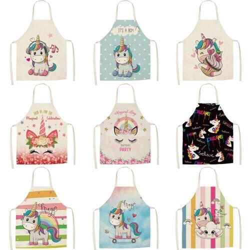 Parent-child Kitchen Apron Cartoon Rainbow Unicorn Printed Sleeveless Cotton Linen Aprons for Men Women Home Cleaning Tools DH10