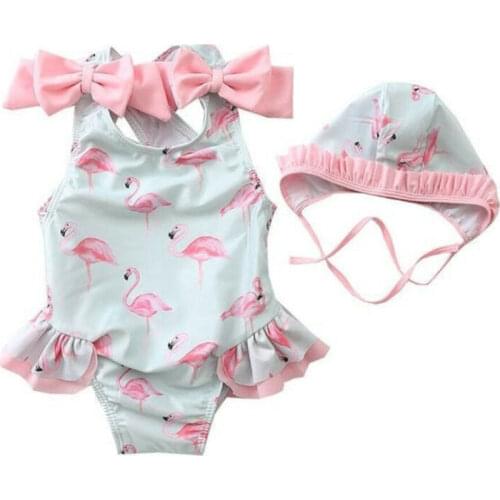 New 2Pcs Baby Kids Girl Summer Beach Swimwear Swimsuit Swimming Flamingo Costume+Hat