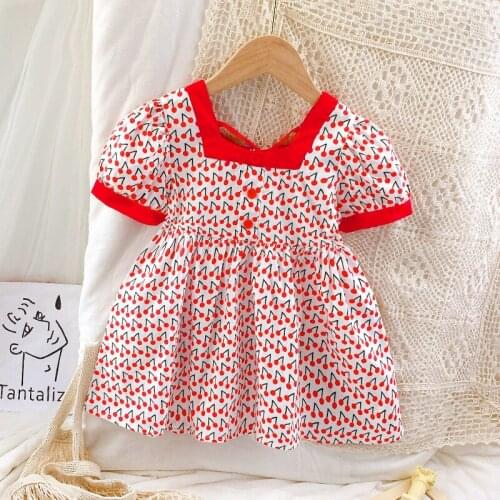 Girls cute dress 2021 Korean birthday gift short-sleeved toddler costume child baby cherry summer party princess dresses