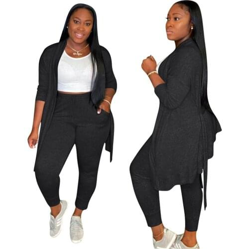 Fashion Loose Solid Color Long Cardigan Coat Lace-up Pants Two Piece Set For Women Casual Long Sleeve Suit Female Elegant Outfit