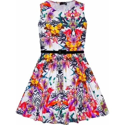 Age 7-13 Years Girls Dress Kids Tropical Print Summer Party Dresses Girls Skater Dress