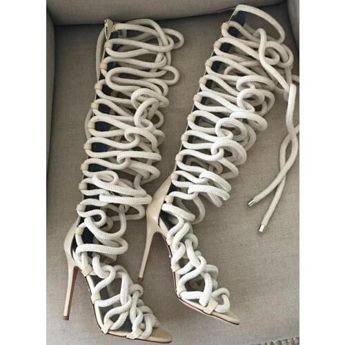 Sexy Summer Gladiator Rope Knee High Sandal Boots Lace-up Hollow Out Knot Cross tie Boots Open Toe Ultra High Heel Sandal Boots