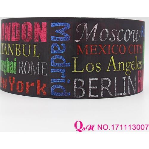 Q&N ribbon 16mm 22mm 25mm 38mm 50mm 75mm city print grosgrain ribbon webbing 50yards/roll for hair tie