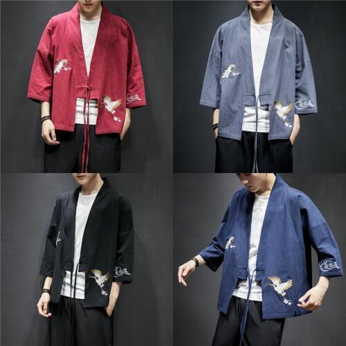Retro Crane Samurai Kimono Haori Traditional Japanese Robes Cotton&Linen Print Chinese Cardigan Asian Coat for Men Top Clothing
