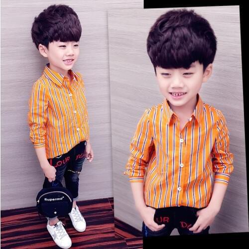 Boys shirt childrens clothing long-sleeved cotton spring and autumn new yellow striped 2-10 baby clothes