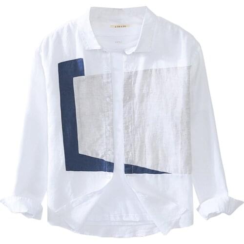 Geometry Patchwork Shirt for Men Pure Linen White Long Sleeve Tops Man Casual Turn-down Collar Fashion Clothing Trends