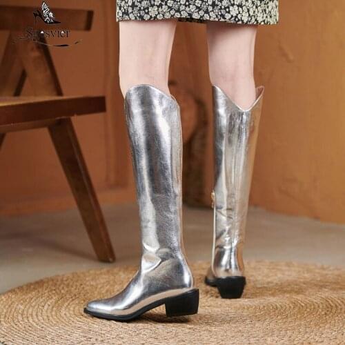 Sgesvier 2021 Big Size 32-43 Knee High Boots Thick Heels Pointed Toe Winter Boots Comfortable Women Boots Black Silver Beige