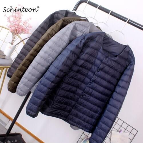 Schinteon Men White Duck Down Jacket Ultra Light Thin Coat V-Neck Casual Short Outwear Autumn Winter Lining Clothing