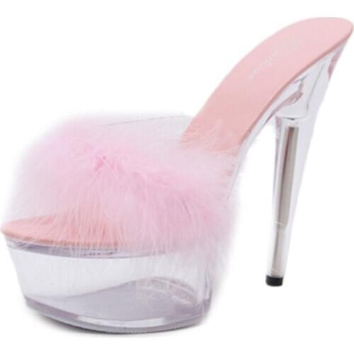 Maomao sexy super high heels 15CM thin heel waterproof platform slippers, transparent crystal banquet high heels slippers