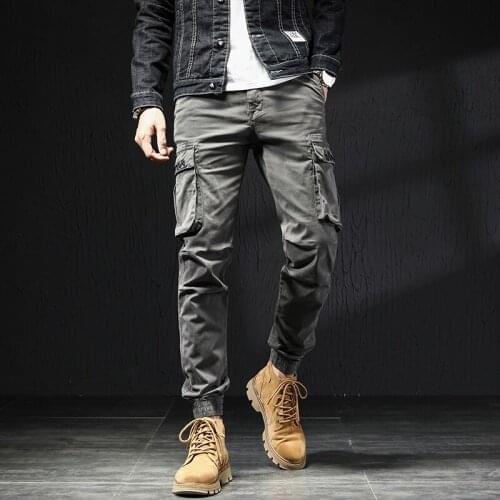 European American Fashion Men Jeans Big Pocket Casual Ankle Banded Cargo Pants Streetwear Hip Hop Joggers Men Military Overalls