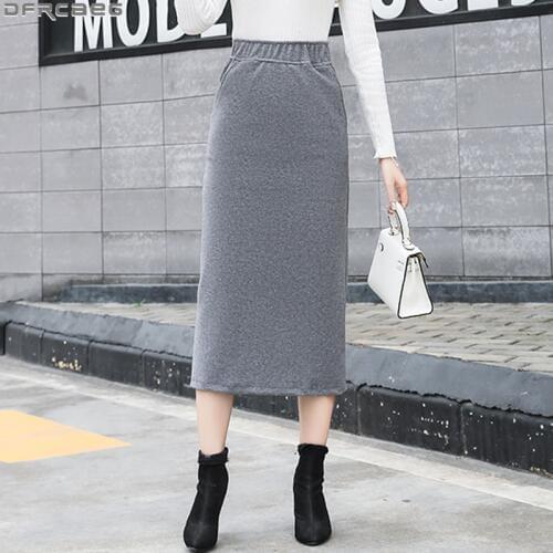 New 2019 Winter Wool Skirts For Women Retro Solid High Elastic Waist Saia Midi Split Slim Bodycon Skirt Gray Black Pencil Skirt
