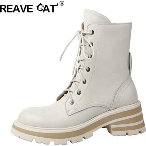 REAVE CAT Winter Women Ankle Boots Flat Lace Up Square Heel Work Boots Genuine Leather Bootie Botas Mujer Female Comfort 43 Cool