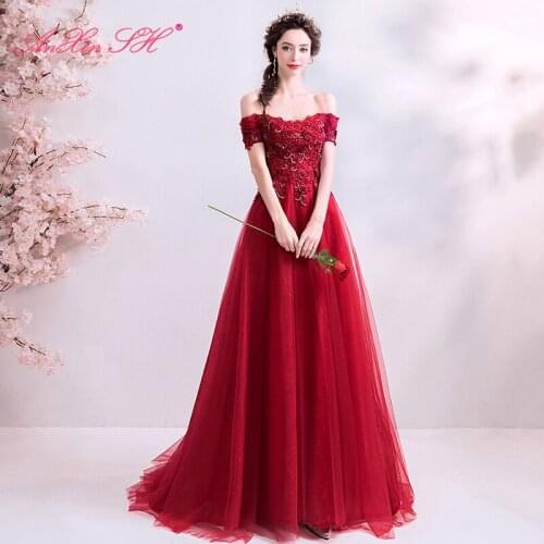 AXJFU princess red lace a line evening dress luxury vintage boat neck beading crystal red lace rose evening dress 5626
