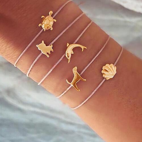 5Pcs/Set Simple Gold Color Turtle Dolphin Shell Puppy Pendant Bracelets Set For Women Personality Vintage Rope Bracelet Jewelry
