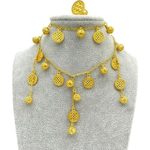 Arab Earrings Dubai Jewelry Sets for Women Ethiopia Round Necklace Bracelet Gold Color Ring Fashion African Wedding Bride Gifts