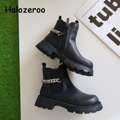 Autumn Kids Chain Chelsea Boots Children Black Brand Shoes Baby Girls Soft Leather Boots Boys Fashion Ankle Shoes Martin Boots