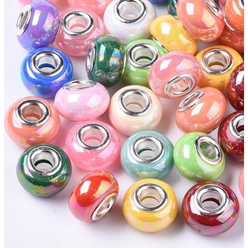 100pcs/lot 14mm Rondelle Opaque Resin European Beads with Brass Cores Imitation Porcelain Large Hole Beads for Jewelry Making