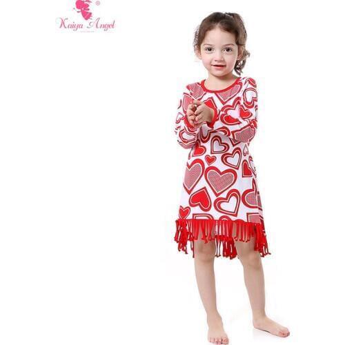 Kaiya Angel Valentines Girls Dress Tassel Kid Dresses Full Sleeve Heart Valentines Baby Girl Dresses Cotton Belt Party Dress