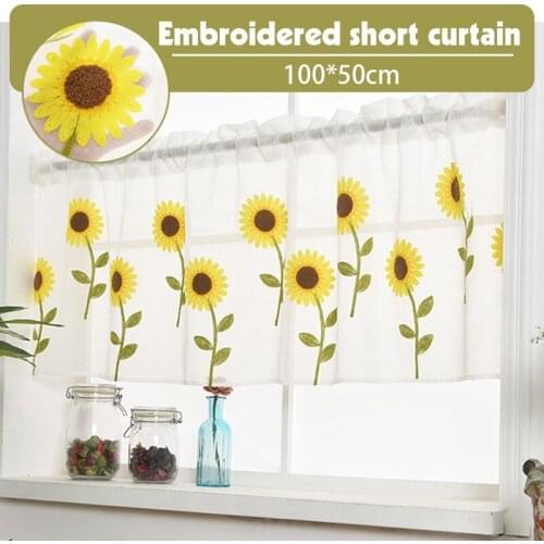 Country Style Short Curtain For Kitchen Door Half Curtain Daisy Floral Embroidery Gauze Curtain Panels Pastoral Style Home Decor