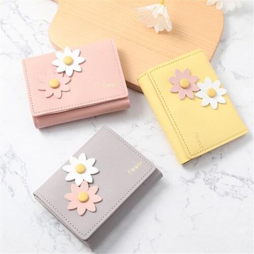 Wallet Women Flower Decoration Short Three Fold Pu Leather Hasp Solid Color Coin Purses Female Letter Multi-card Card Holder