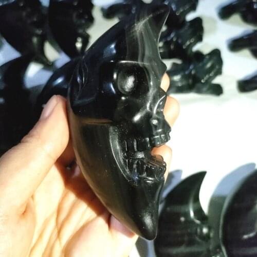 90-100mm Crystal moon Hand carving Natural obsidian quartz moon face Skull Figurine Halloween Gift Healing