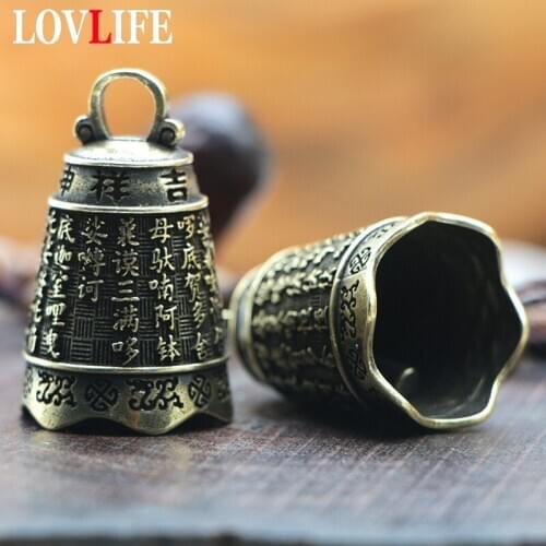 Brass Buddhism Bell Pendant for Keychains Mini Rattle Avoid Evil Engraved Sutra Lucky Chinese Feng Shui Key Chain Ring Hangings
