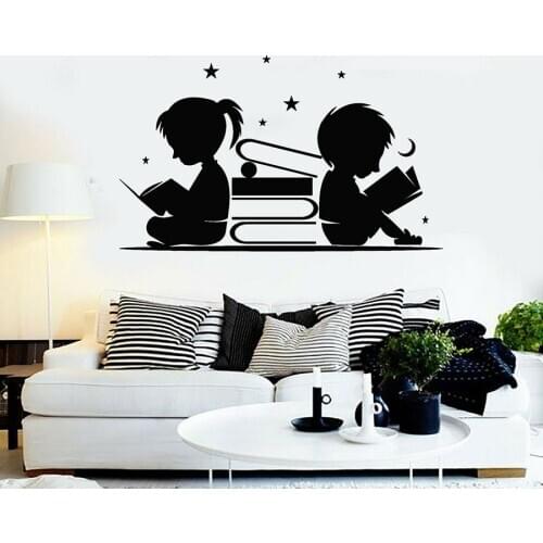 Boy Girl Read Books Wall Sticker Stars Moon Wall Art Murals Library Reading Corner Wall Decor Children Room Nursery Decoration