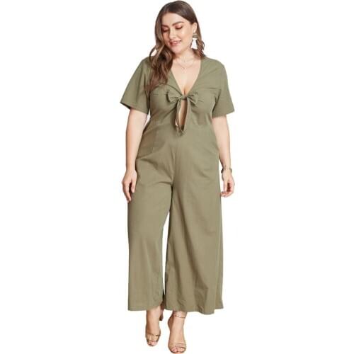 New Plus Size Elegant Women Jumpsuit 2021 Spring Summer Short Sleeve Army Green One Piece Loose Wide-leg Romper Casual Work Wear