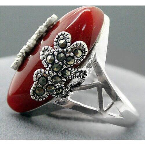 Wholesale Beautiful Marcasite 925 red Natural jade jewelry sterling silver ring size 7-10
