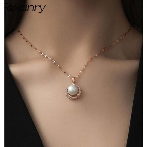 FOXANRY 925 Sterling Silver Clavicle Chain Necklace for Women Trendy Elegant Charm Creative Sparkling Zircon Pearl Bride Jewelry