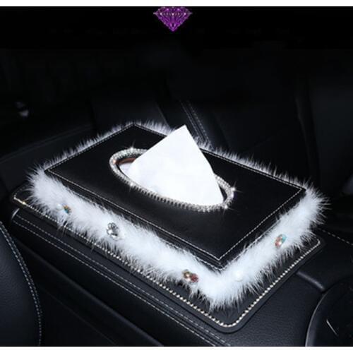 Plush Car Armrest Tissue Box Holder Leather with Crystal Rhinestones Napkin Organizer For Ford Honda Girls Women Accessories