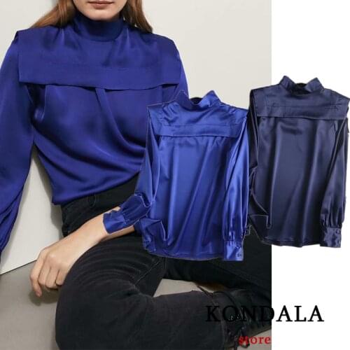 KONDALA Womens Shirt Za Fashion 2021 Office Lady Stain Loose Shirts Turtleneck Elegant Blouse Chic Mujer Tops