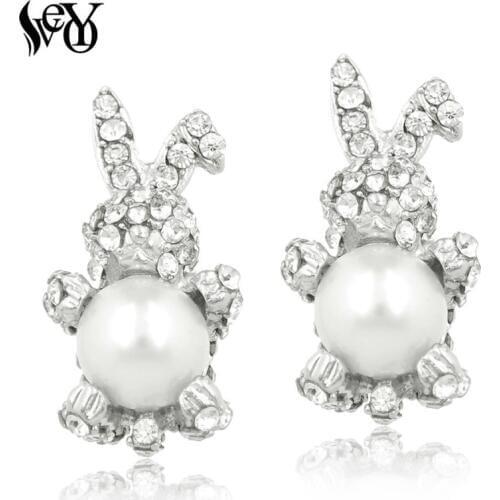 VEYO Full of Rhinestone Earrings for Woman Rabbit shape Pearl Stud Earrings Zinc Alloy Lead free nickel free