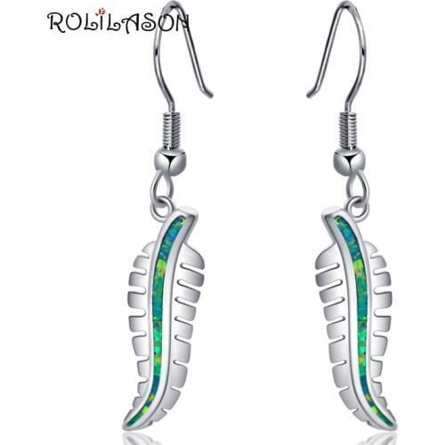 ROLILASON Leaves creative design green Fire Opal Silver Stamped Drop Earrings wedding Fashion Jewelry OE696