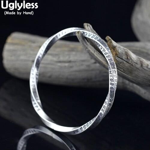 Uglyless Solid 999 Pure Silver Square Bangles for Women Buddhistic Heart Sutra Religious Jewelry Creative Curved Twisted Bangle