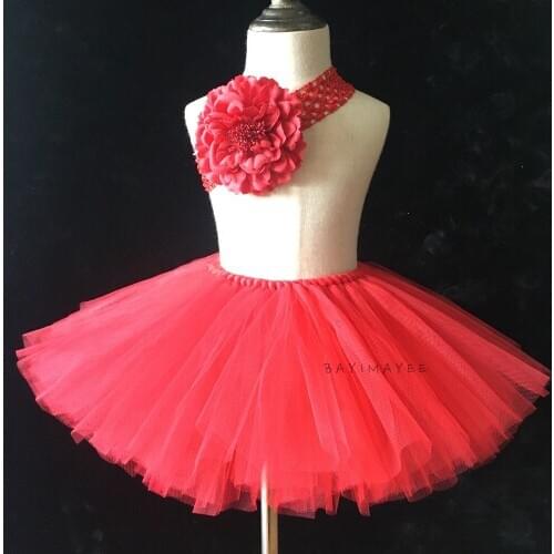 Baby Girls Red Flower Tutu Skirts Kids Handmade Fluffy Tulle Ballet Pettiskirt Dance Tutus with Hairbow Children Christmas Skirt