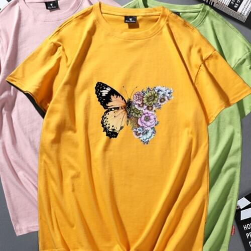 Summer Top Flower Creative Butterfly Graphic Tee Short Sleeve T-shirts Women Cotton O-neck Tops Vintage Gothic White Tshirt