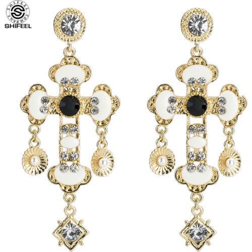 New Euramerican Palace Vintage Pop Baroque Style Brand Jewelry Rhinestone Gem Cross Earrings Pendientes Womens Accessories