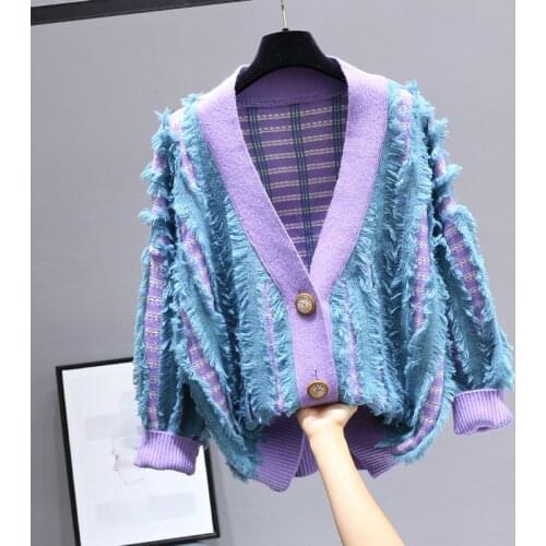 Women Loose Lazy V-Neck Tassels Sweater Coat Spring Autumn Knit Striped Cardigan Fringed Jacket Holes OL Crop Tops Sueter Mujer