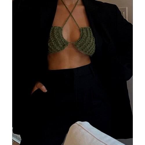 Jusahy Summer Knitting Sexy Cropped Top Women Solid Sleeveless Halter Lace Up Clothing Street Casual Tank Top 2021 Hot