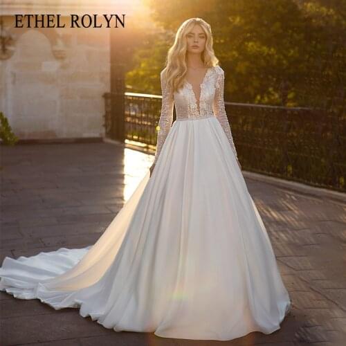 ETHEL ROLYN A-Line Wedding Dress 2021 Delicate Beaded Appliques Long Sleeve V-Neck Satin Bride Sashes Princess Bridal Gown