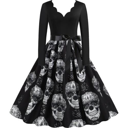 Women Vintage Dress Long Sleeve Halloween 1950s Housewife Evening Party Prom Dress Vestido De Mujer Vestidos De Manga Larga