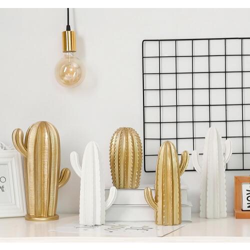 1PC Nordic Resin Cactus Home Decoration Simulated Lifelike White Golden Resin Craft Ornament Photography Props Home Decor JL 237