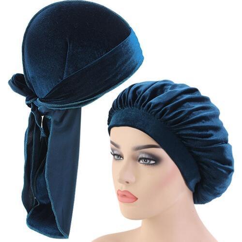 2pcs/lot Unisex Long Tail Velvet Durag And Bonnet Set Women Sleep Cap Doo Rag Breathable Bandana Chemo Hat Headwear