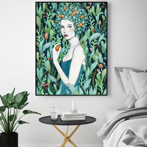 Abstract Green Floral Beautiful Girl Canvas Painting Wall Art Nordic Posters and Prints Wall Pictures for Living Room Decor